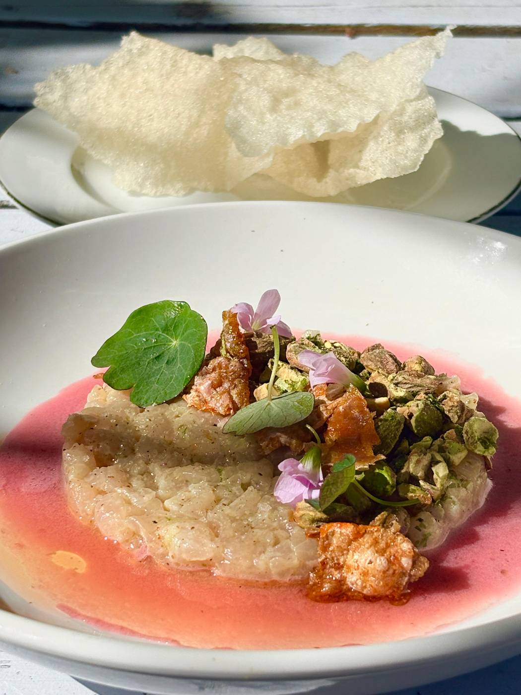 Crusted fish over a beet sauce, garnished with herbs